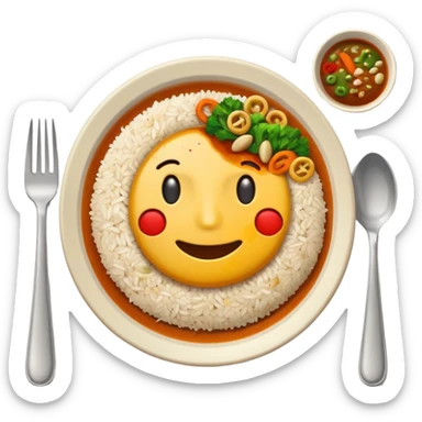  dirty plate after eating, leftover food scraps, vegetable pieces, rice grains, sauce stains on the plate, fork and spoon placed beside the platerealistic food leftovers, clean and simple background, soft lighting, high quality, emoji style sticker