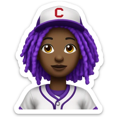 baseball card character. black girl. dread locs. overweight. letter C logo. Purple and white uniform.  sticker