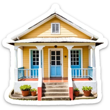 A typical wooden house from rural Puerto Rico with a central functional door, two symmetrical windows, a front porch with open railings, a rocking chair, and a small garden. The house should look humble but well-maintained, evoking warmth and authenticity. sticker