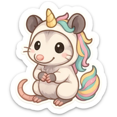 cute cartoon possum dressed up like a unicorn, chibi stickers style sticker