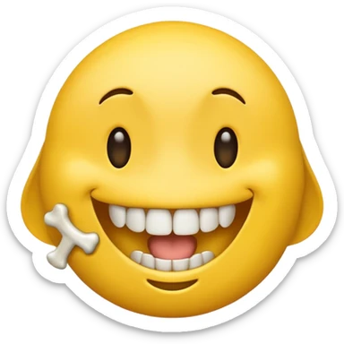 happy emoji with a yellow bone halfway out their mouth sticker