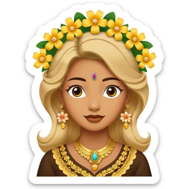 women with tan skin, wearing traditional Javanese hair with bouncy flowers, and wearing paes sticker