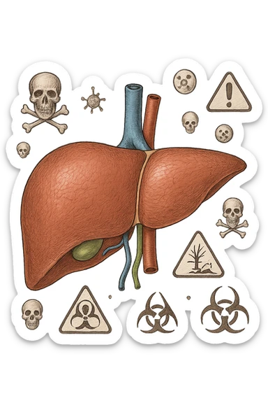 fegato umano anatomico con tossine che gli fluttuano intorno sticker