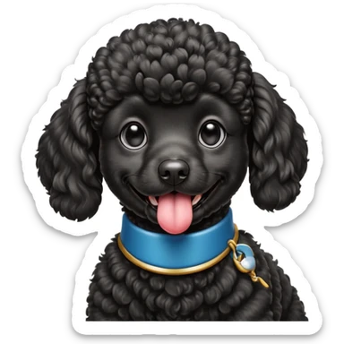 A high-resolution square-format digital illustration of a black poodle in a clean, semi-realistic style. The poodle is shown from the chest up, facing forward with a slight tilt of the head to the left, tongue out playfully. sticker