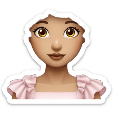 •	Pale pink hair 	•	Youthful facial features 	•	Fluffy hat with a rounded shape 	•	Dress with lots of frills sticker