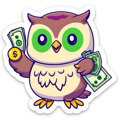 wealth luck symbolizing owl character, large green eyes, golden feathers, holding a money pouch in its feet, pastel tones, sticker style, rounder and cuter sticker