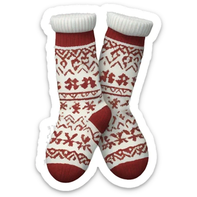 A pair of white cozy, patterned sock with a Nordic design sticker