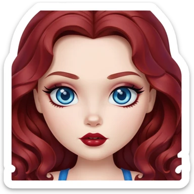 bratz pretty baddie, dark red wavy hair, pale skin, long hair, blue eyes, makeup sticker