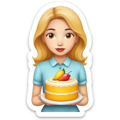 Beautiful girl holding a big mango cake in both hands sticker