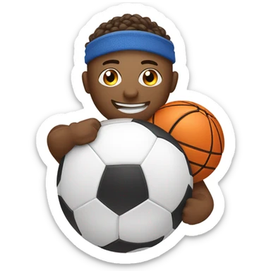 A smiling white emoji face wearing a sports headband, surrounded by a soccer ball, basketball, dumbbell, and yoga mat. sticker