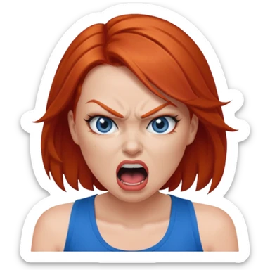 mujer pelirroja con los ojos y los labios maquillados enojada gritando con musculosa azul sticker