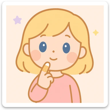 blonde-haired, blue-eyed, fair-skinned girl with a bandaged index finger, placing her bandaged index finger on her chin and thinking, cute expressive style sticker
