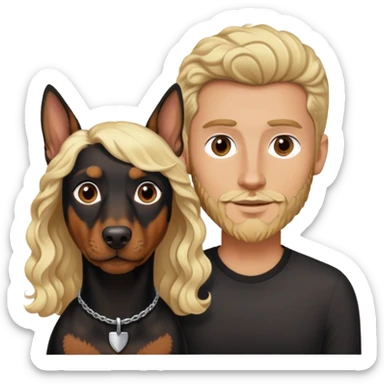 A blonde man with blonde beard and a tan woman with black curly hair, with a Doberman  sticker