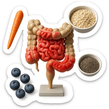 intestino umano anatomico infiammato al centro con carota, bowl di avena, mirtilli, bowl di semi di chia che gli fluttuano intorno , iperrealistico 4k sticker