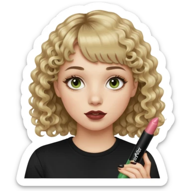 young woman wearing a black t shirt with curly dirty blonde hair, straight bangs, and hazel green & brown eyes. She is holding a Heather Rae Essentials Lippie Gloss sticker