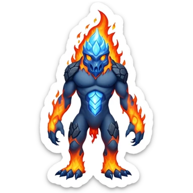 a mystical fast lava creature without arms with molten lava on its head and some rocky shoulders, fire crystals, blue flames, fire legs, no background sticker