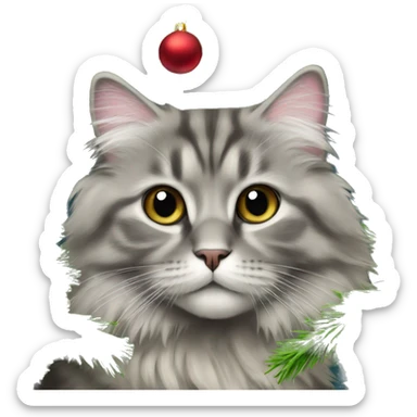 Gray Siberian cat on top of Christmas tree  sticker