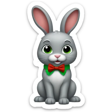 Gray bunny, one leg and one arm colored green, both ears are green, has a red bowtie on their neck sticker