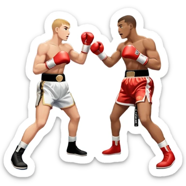  a high-stakes boxing match for the world championship title. Two professional boxers, wearing gloves and championship belts, exchange powerful punches in the center of the ring. The background features a packed arena with bright lights, a roaring crowd, and the championship banner hanging above.  sticker