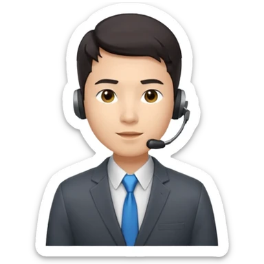 A young Asian man with smooth light skin, dark hair that swoops upward in the front, expressive eyes, a clean-shaven face, and a call-center style headset over one ear, usually paired with a crisp shirt and suit jacket visible from the chest up. sticker
