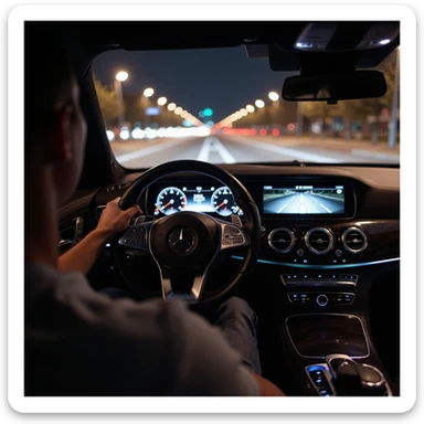 Mercedes E63 2024, photorealistic cockpit view from the driver's perspective, as if the viewer is driving, left hand on the steering wheel, night in Bucharest, city lights and motion blur outside, highly realistic sticker