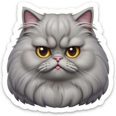 Cinematic Derpy grumpy comical Grey Persian Cat Portrait Emoji, Head tilted playfully with an adorably awkward expression, fluffy grey fur with soft silver undertones, Simplified yet hilariously derpy features, highly detailed, glowing with a warm but slightly confused glow, high shine, a mix of lazy and clueless, stylized with a touch of whimsy, bright but with a completely derpy and grumpy face, soft glowing outline, capturing the essence of a quirky yet chubby, grumpy kitty, so endearing it feels like it could stretch out of the screen and demand attention with its wonderfully derpy charm! sticker