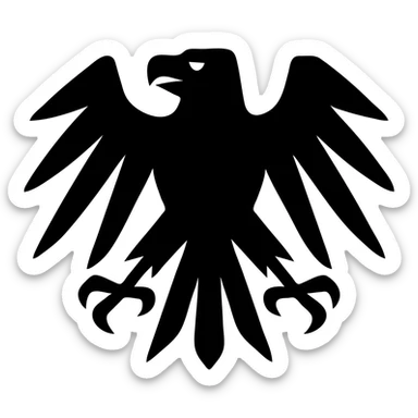 Transform the eagle symbol into a super menacing solid shape with straight lines and pointed corners instead of curves. Keep it as one solid filled shape with no outlines and no background, full body. sticker