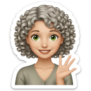 silver, short, wavy-haired with curls, smiling pretty lady, hopeful with fingers crossed on one hand, green/brown eyes sticker