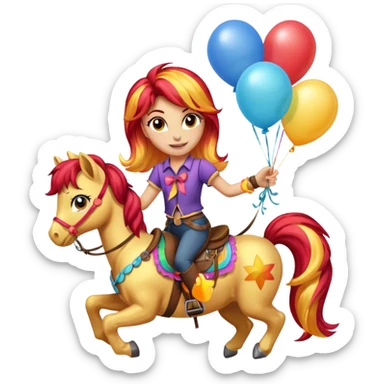 sunset shimmer mlp holding colorful balloons tied to its saddle, looking cheerful. sticker
