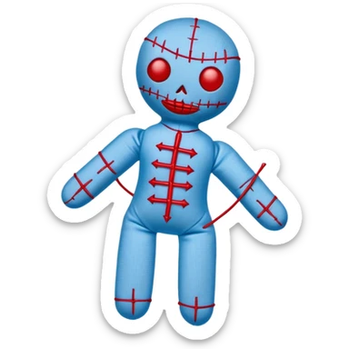 A voodoo doll made of fabric with Carolina blue (light blue) body and red stitches, with pins stuck in it sticker