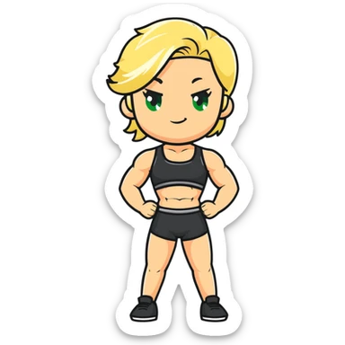 full body pose of a muscular white girl with blonde hair and green eyes, flexing 6 pack abs and one arm bicep sticker