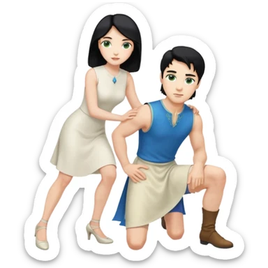 prince, upright, black Hair, blue eyes, garment, and woman, bending knee, sleveless white dress, blonde hair, green eyes, sticker