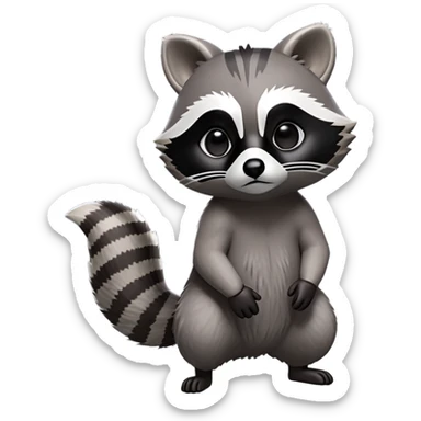 Cinematic-cute Raccoon-Realistic-hunched Full-Body on all fours-Emoji – Tail flicking lazily, head tilted dramatically, thick grey fur with a signature black mask, sharp and alert ears, simplified yet realistic focused features, highly detailed, glowing with an almost sarcastic glow big black eyes realistic body sticker