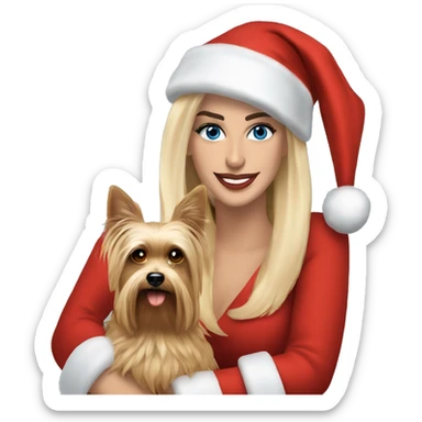 George Clooney & blonde woman blue eyes holding Yorkshire terrier wearing red santa hat sticker