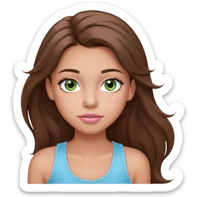 Create a teen girl wearing a light blue tank top. She will have long brunette hair, tan skin, pink lips, and grey-green eyes. She has long eyelashes. She also has light freckles  sticker