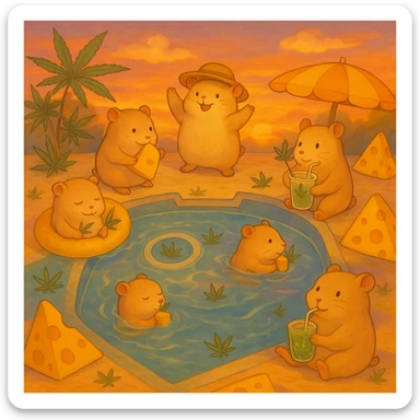 Add a dreamy sunset background with soft orange, pink, and purple hues behind the pool party scene. Maintain the Ghibli style with a nostalgic, fun, and inviting summer party vibe, including THC/weed/cheese theme elements. sticker