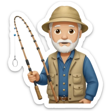 an old white haired, bearded man in fisherman attire, sat in a big boat on a calm sea, holding one fishing rod in one hand, with the end of the fishing line touching the water sticker