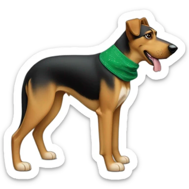 75% Coonhound 25% German Shepherd mix dog wearing small plain green bandana side view full body in profile left facing sticker