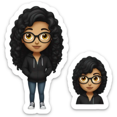 teenage indian girl with glasses with black curly hair wearing a black hoodie with no zipper sticker
