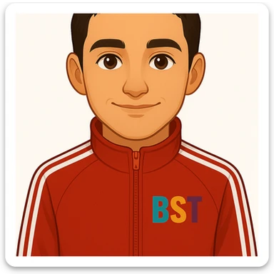 Shorten the hairstyle. Replace the black t-shirt with a classic red Adidas windbreaker featuring three white stripes. Keep the BST logo on the clothing. Maintain the style as in the original avatar. sticker
