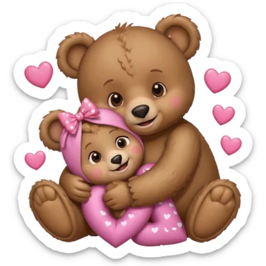girl bear with bow on her head and boy bear hugging, couple, surrounded by hearts, playful and loving, cute sticker