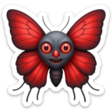 Create a scary emoji of the mothman with bright red eyes and as depicted in the legend. Make it less bird like and more Moth / Human hybrid sticker