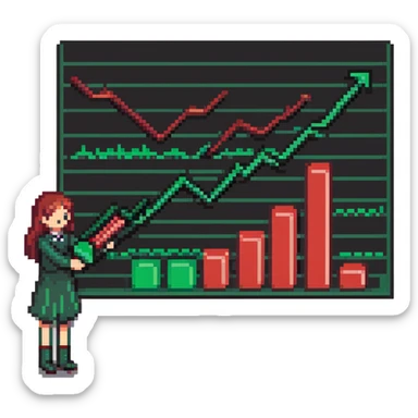 Girl holding chart with rising green graph line in right hand and holding another chart with falling red graph line in left hand sticker