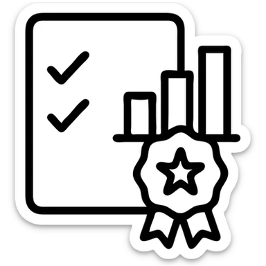 black and white outlined icon representing results of a training, simple and clear, could show a checklist, a chart, or a certificate sticker