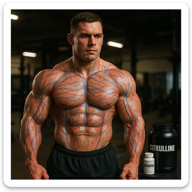 realistic bodybuilder showing muscle pump after taking Citrulline and Nitrates, visual details simulating blood flow with red and blue lines on muscles, supplements visible in background, sports environment, detailed sticker