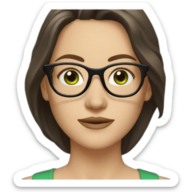 White woman with long dark brown hair and green eyes using glasses writing sticker
