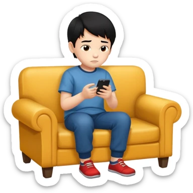 un niño de entre 3 - 10 años jugando con su celular, cansado y sentado en una habitacion apagada, el niño tiene piel blanca y cabello negro (hombre)

 sticker