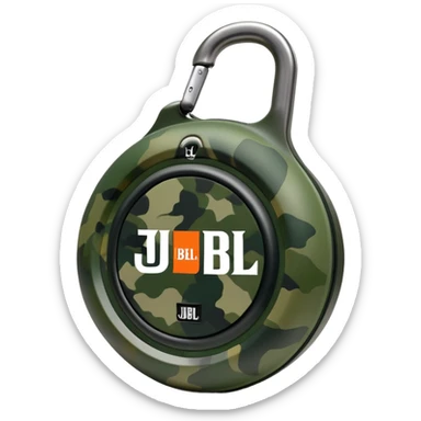 Simple JBL Clip 4 speaker with round body, built-in carabiner, green camo pattern, and JBL logo on front, iOS emoji style sticker