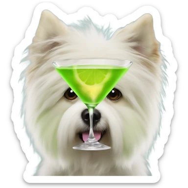 lime green fluffy dog with pointy ears and a martini sticker
