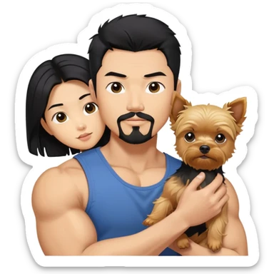  Holding a blonde yorkie. Dark haired Korean Asian handsome man with black pointy hair full goatee and biceps sticker